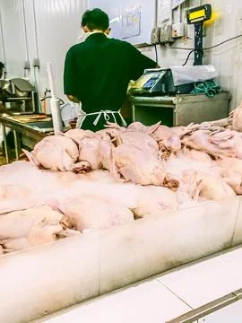 A man is working in a raw chicken processing area Stock Photos