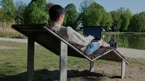 A man working a remote job sits in a chaise lounge with his laptop, Stock Footage 308398543
