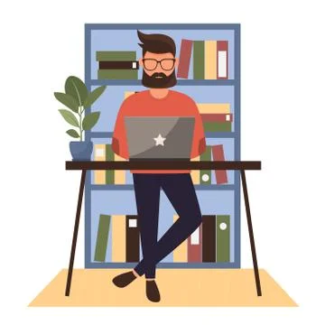Man working remotely from home. Man standing by the table. Stockillustratie