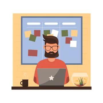 Man working remotely from home. Vector illustration. Stock Illustration
