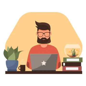 Man working remotely from home. Vector illustration. Stock Illustration