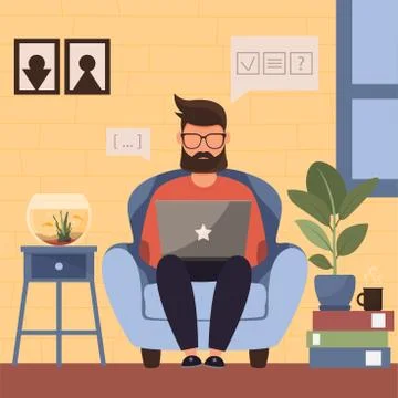 Man working remotely from home. Vector illustration. Stockillustratie