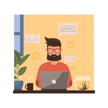 Man working remotely from home. Vector illustration. Stockillustratie