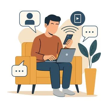 Man Working Remotely with Laptop and Smartphone at Home 库存插图