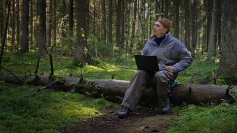 Man Working Remotely on Laptop Sitting on Fallen Tree in Forest Stock Footage 348055595