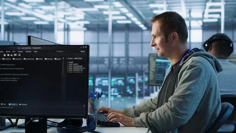 Man working in server hub capable of processing vast amounts of data Foto stock