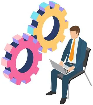 Man working with settigns on computer. Businessman studies adjusting program Stockillustratie