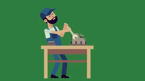 A man working on sewing machine and in overalls is with beard sitting at table Stock-Footage 337340537
