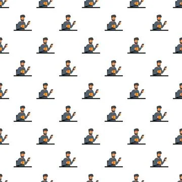 Man working on smartphone with coffee seamless pattern Illustrazione stock