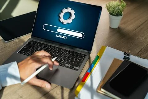 Man working Software device Update Online computer Update upgrade progress .. Stock Photos