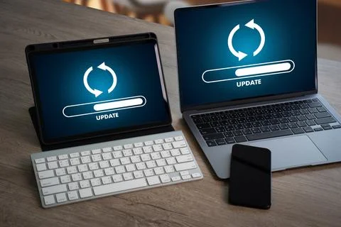 Man working Software device Update Online computer Update upgrade progress .. Stock Photos