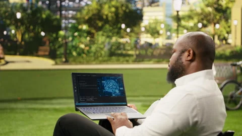 Man working with source code and digital AI software for deep learning Vídeo Stock 343501641