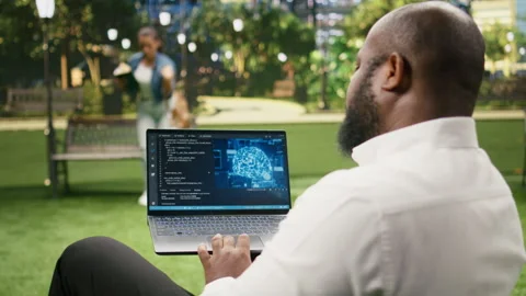 Man working with source code and digital AI software for deep learning Vídeo Stock 343507235