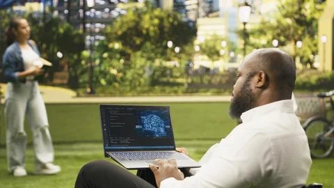 Man working with source code and digital AI software for deep learning 스톡 사진