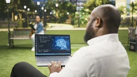 Man working with source code and digital AI software for deep learning 스톡 사진