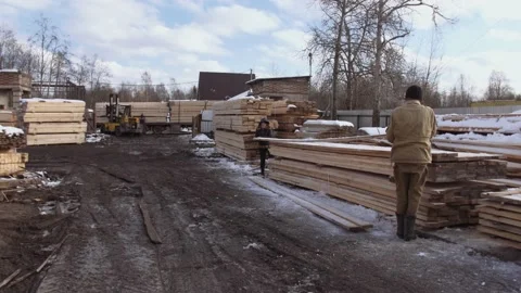Man working at stacks of packed timber stored in yard of sawmill Stockbeeldmateriaal 152024588