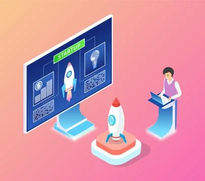 Man Working on Startup and Rocket Launching Vector イラスト素材