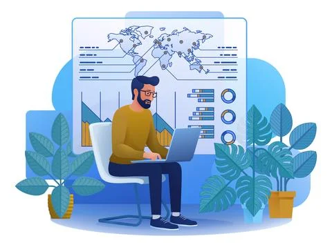 Man Working on Statistics Data Analysis Cartoon Stock Illustration
