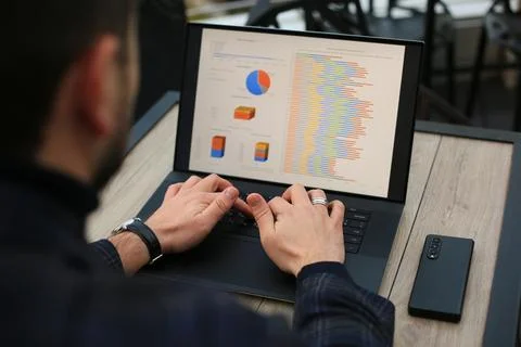 Man working with statistics on laptop Stock-Fotos