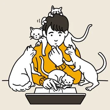 Man working surround with cats Stock Illustration