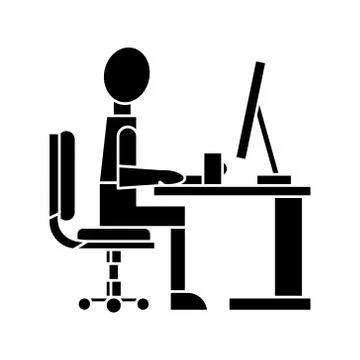 Man working on table at home, freelancer  icon, vector illustration, sign o 库存插图