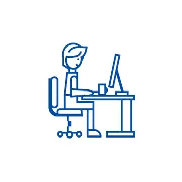 Man working on table at home,freelancer line icon concept. Man working on table Stock Illustration