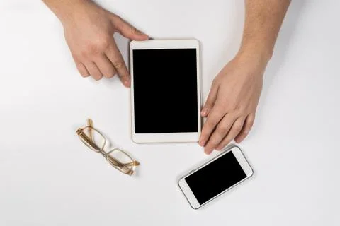 Man working with tablet, top view Stock Photos