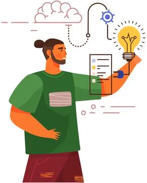 Man working with technical equipment, wires, light bulb. Guy with logical Stock Illustration