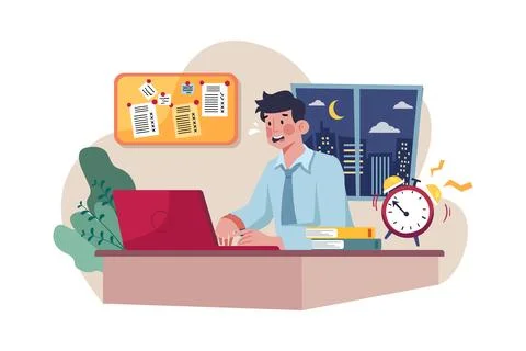 Man working till late hours Stock Illustration