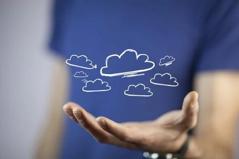 Man working with touch screen- clouds Stock Photos