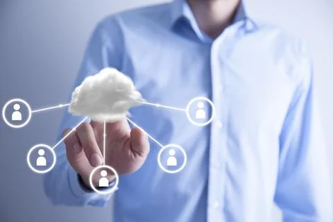 Man working with touch screen- clouds Stock Photos