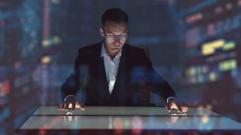 The man working with touchscreen display on the hologram background Stock Footage 100560593