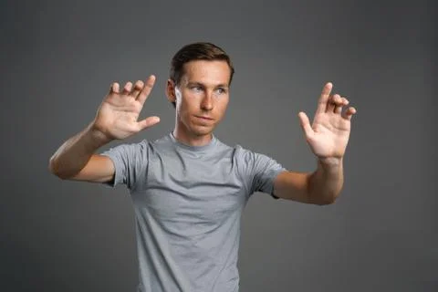 Man working with transparent virtual interface screen Stock Photos