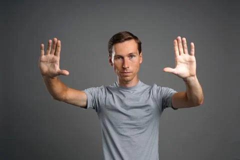 Man working with transparent virtual interface screen Stock Photos