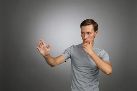 Man working with transparent virtual interface screen Stock Photos