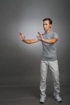 Man working with transparent virtual interface screen Stock Photos