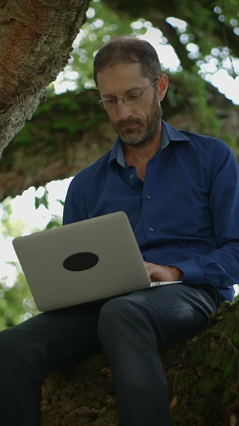 A man is working in a tree while using his laptop, embracing nature and Stock Footage 288621785