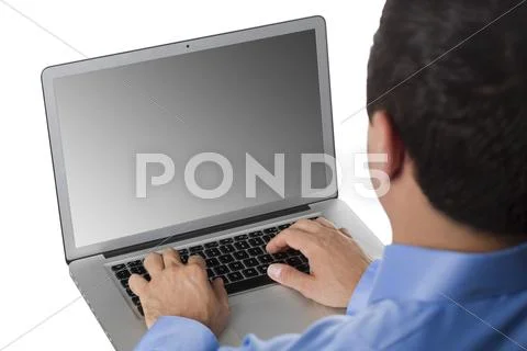 Man Working Typing Apple Macbook Pro Laptop Computer Keypad Mac LCD without Logo Stock Photos