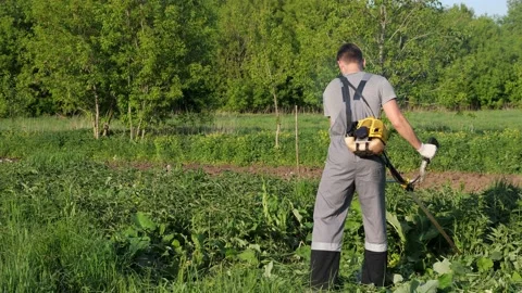 Man in a working uniform mows grass with a trimmer. view from the back Stock Footage 133227615