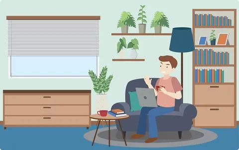 A man working using laptop flat design at home Stock Illustration