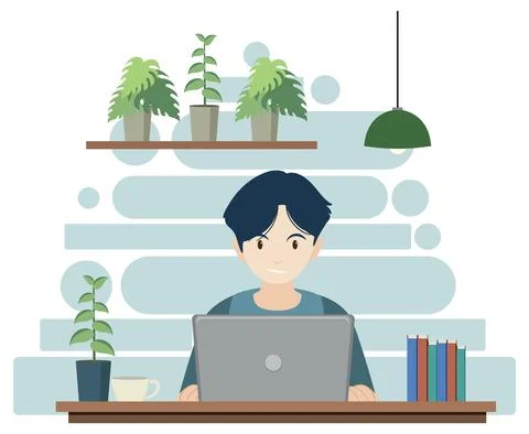A man working using laptop flat design Stock Illustration
