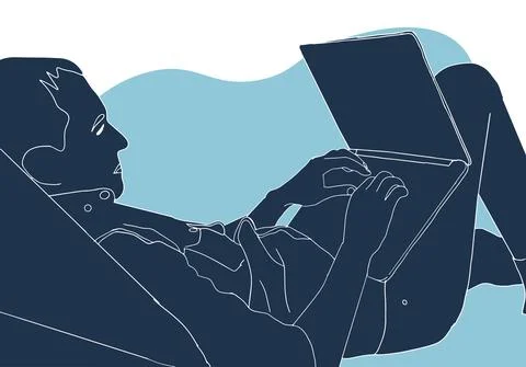 A man working using laptop flat design illustration Stock Illustration