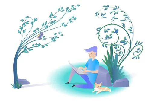 Man working by using laptop with a lying cat in garden. Stock Illustration