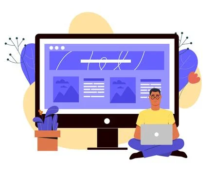 Man working on website design project. Vector illustration 库存插图