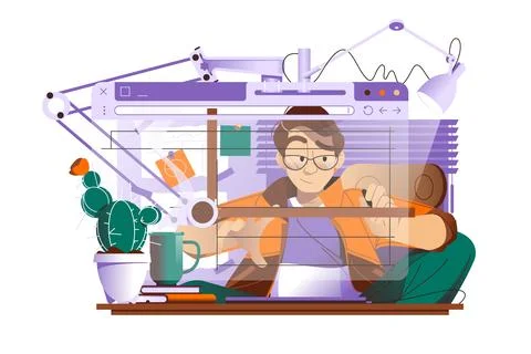 Man working on website or app, ui ux design Stockillustratie