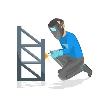The man working the welder is sitting. Welds metal structures. Stockillustratie