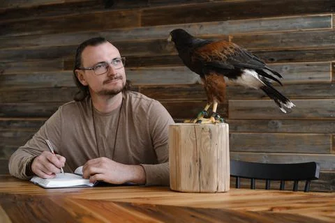 Man is working, writing with wild eagle bird Stock Photos