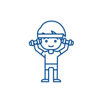 Man workout with weights, hands up line icon concept. Man workout with weights Stock Illustration