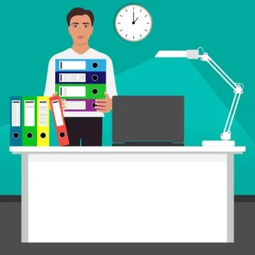 Man at workplace holding folders with documents in hands. Desk, laptop, table Stock Illustration