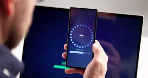 Man At Workplace Installing Software Update Progress On Smart Phone. Male Eng 写真素材